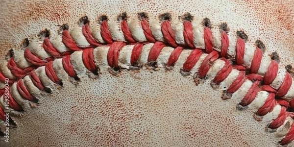 Obraz Close-up of a Worn Baseball's Red Stitching and White Leather