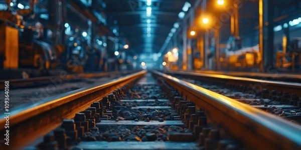 Fototapeta Railroad Tracks in an Industrial Setting with Warm Lighting
