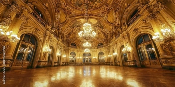 Obraz A grand, ornately decorated ballroom with intricate gold details and chandeliers.