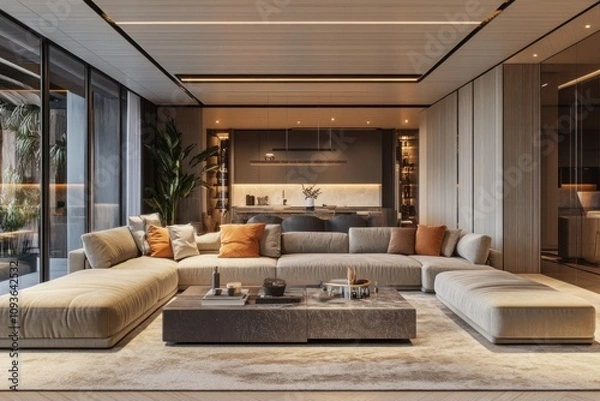 Fototapeta Modern living room with large sectional sofa, coffee table, and a view of a patio through large windows.