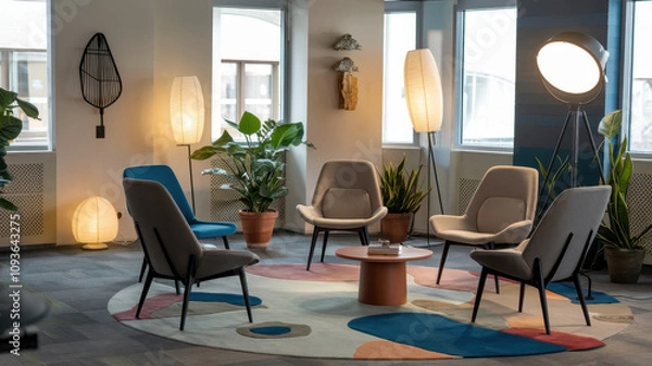 Fototapeta A cozy and modern lounge area featuring gray chairs, ambient lighting, and decorative plants, perfect for relaxation or informal meetings.