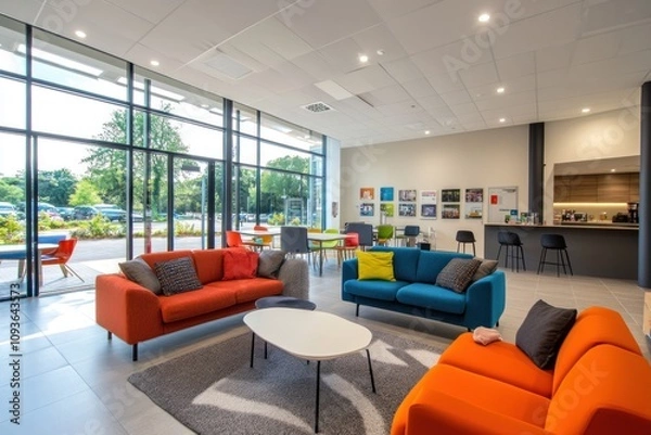Obraz A modern office lounge with comfortable seating, a coffee bar, and large windows overlooking a green outdoor area.