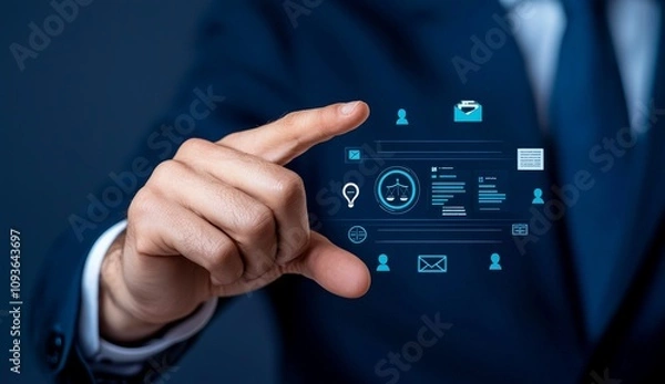 Fototapeta **AI Laws and Regulations Concept. Businessman interacting with digital icons symbolizing stock, legal standards, ethics, regulatory compliance, technology law and policy, copyright, and patent.**