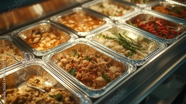 Obraz A variety of Asian food dishes displayed in metal containers on a buffet line.