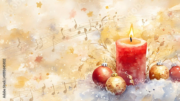 Fototapeta A warm holiday-themed illustration featuring a glowing red candle, festive ornaments, and musical notes in a soft background.