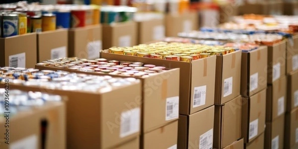 Obraz Rows of cardboard boxes filled with canned goods, stacked and organized in a warehouse or distribution center.
