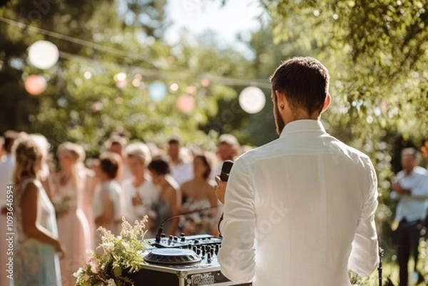 Obraz white shirt stands behind a soundboard, looking out at a crowd of people gathered at a wedding reception