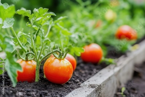 Fototapeta A garden bed shows ripe tomatoes and vibrant greens growing in rich soil, basking in warm sunlight on a clear summer day. Generative AI