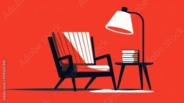 Fototapeta Stylish black and white striped chair beside a modern lamp and stack of books, set against a vibrant red background.