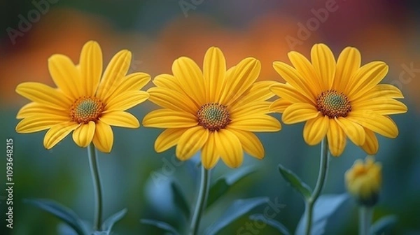 Fototapeta Vibrant yellow daisies in full bloom against a soft blurred background