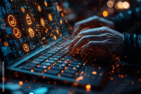 Obraz A hacker typing on a keyboard surrounded by holographic phishing symbols, highlighting cyber threats