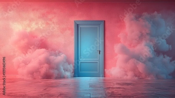 Fototapeta A surreal scene featuring a blue door amidst pink clouds in a stylized room.