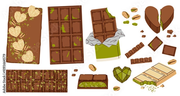 Fototapeta Set of various Dubai chocolate with pistachio and kataifi dough. White and milk chocolate with pistachio paste filling. Vector illustration of trending pistachio chocolate bars green filling flavor