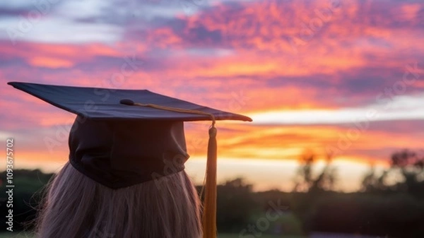 Fototapeta A graduation cap with a tassel, against the background of a stunning rising sun. The stage symbolizes new beginnings and future opportunities, conveying the essence of the holiday and achievements.