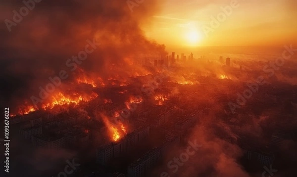 Fototapeta A dramatic aerial view of a city engulfed in fire, with smoke and flames filling the sky.