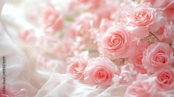 Fototapeta A soft focus image of delicate pink roses arranged with lighter floral elements on a silky background
