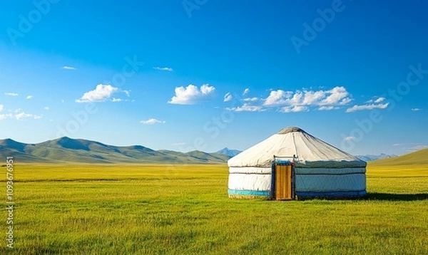 Fototapeta A traditional Mongolian yurt sits in an expansive grassy plain under a bright blue sky, with mountains in the background