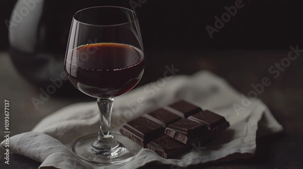 Fototapeta A glass of velvety port wine served with dark chocolate on a linen napkin.