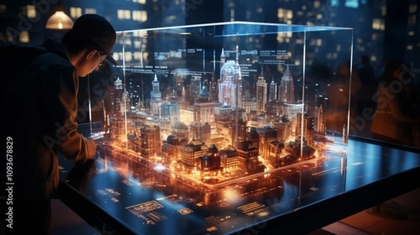 Fototapeta City building hologram screen, displaying advanced smart city technology