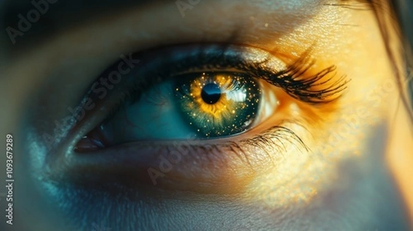 Fototapeta Close-up of a person's eye reflecting a miniature scene with vibrant colors and intricate details