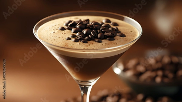 Fototapeta A handcrafted espresso martini served in a sleek coupe glass with coffee beans on top.