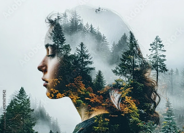 Fototapeta double exposure image combining the profile of a woman with a misty forest. The silhouette blends seamlessly with evergreen trees and warm autumn foliage, evoking a sense of harmony with nature