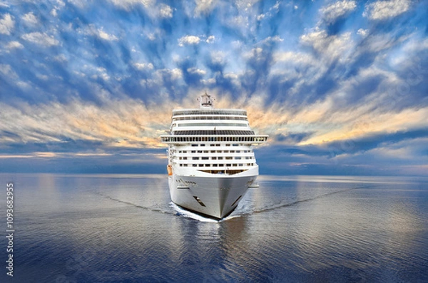 Obraz Luxury cruise ship sailing to port on sunset 