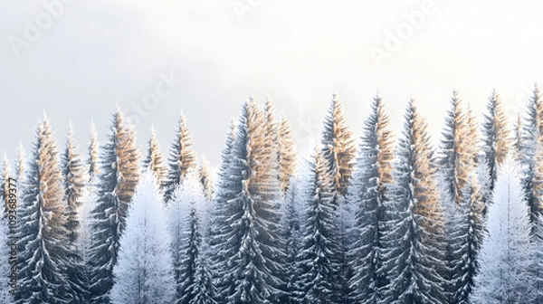 Fototapeta A serene snowy forest with tall pine trees dusted in white under a pale winter sky.