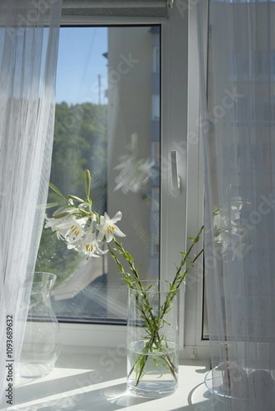 Obraz white flowers on window sill