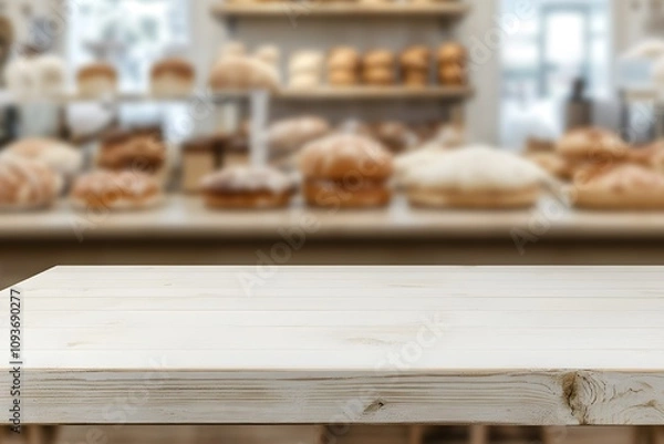 Fototapeta Blurred background of a bakery with a focus on an empty wooden table, ready to display fresh bread, pastries, or desserts, evoking a warm and inviting atmosphere