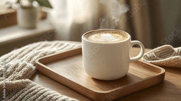 Fototapeta A steaming cup of freshly brewed coffee with latte art on a wooden tray.