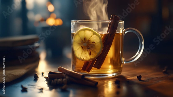 Fototapeta A steaming hot toddy with lemon slices cinnamon sticks and cloves in a glass mug.