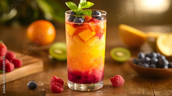 Fototapeta A vibrant fruit mocktail served in a tall glass with intricate garnish.