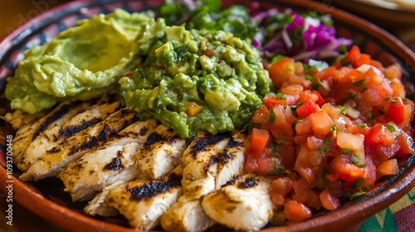 Fototapeta A vibrant taco platter filled with grilled chicken guacamole and fresh salsa.