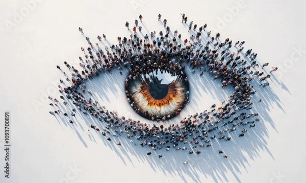 Fototapeta Crowd of people forming a giant eye symbol on white background