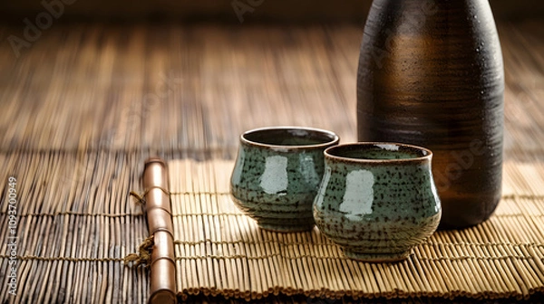Fototapeta A vintage sake set with ceramic cups and bottle on a bamboo mat.