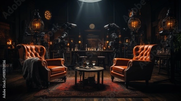 Fototapeta cool Studio interior for podcast and interview along two mics chairs setting