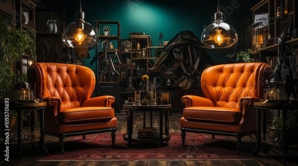 Fototapeta cool Studio interior for podcast and interview along two mics chairs setting
