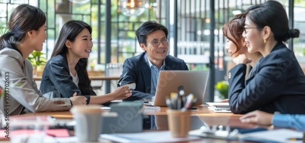 Fototapeta Participating in an Engaging Business Meeting set in a Welcoming and Inviting Workspace Environment