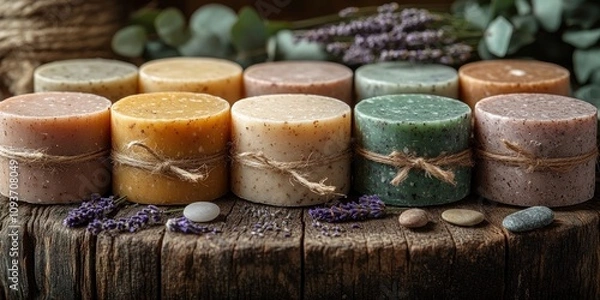 Fototapeta Selection of natural handmade soap bars, aromatherapy. AI generated.