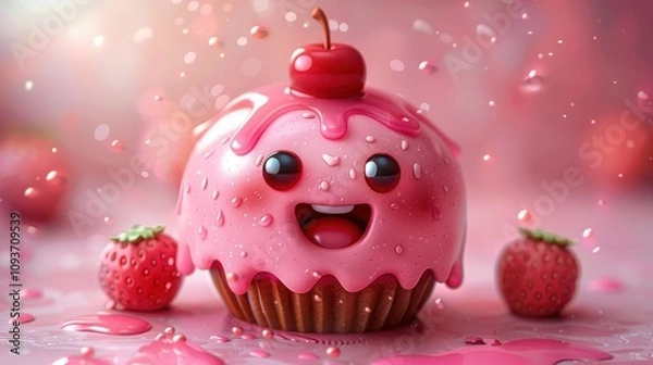 Fototapeta Delightful cupcake with a cherry on top surrounded by strawberries and vibrant splashes of pink frosting. Generative AI