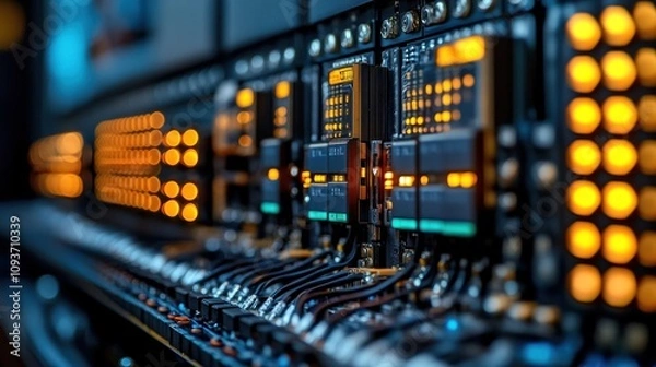 Fototapeta Close-up of industrial control system with illuminated indicators and cables.