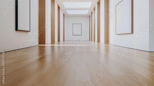 Fototapeta model modern design and avant-garde, A minimalist art gallery hallway featuring wooden flooring and blank frames on white walls, creating a serene and open atmosphere.