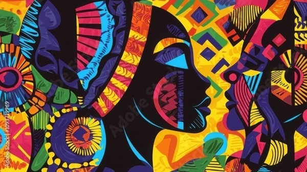 Fototapeta This artwork features colorful, abstract faces inspired by African culture, showcasing strong graphic elements and a dynamic composition.