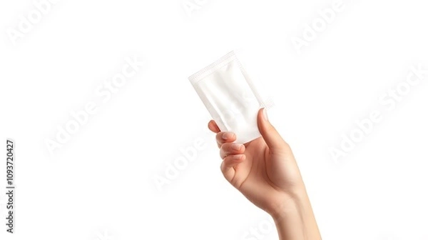 Obraz A woman's hand holds up a small, white sachet. Clean, simple, and perfect for showcasing your product.