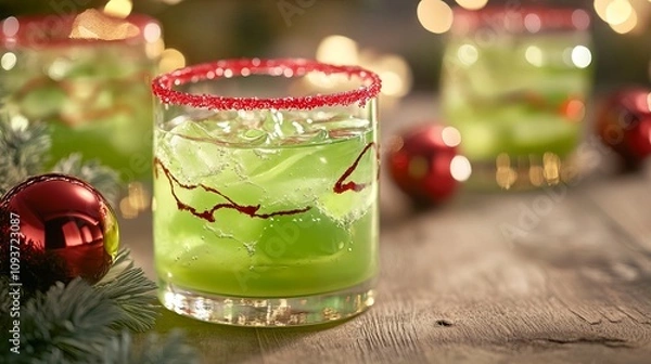 Fototapeta Indulge in the vibrant Xmas Green Punch, adorned with a glistening sugar rim in a glass. This refreshing creation, crafted with tangy lime sherbet, embodies the spirit of Christmas cheer
