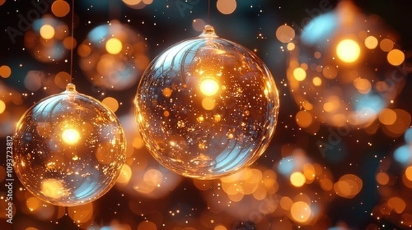 Fototapeta Enchanting glass orbs illuminated with warm golden lights in a bokeh wonderland