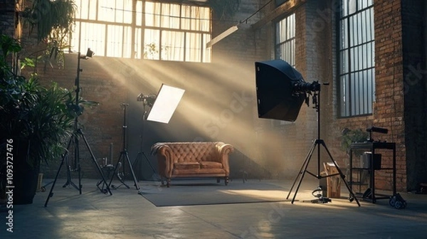 Obraz Empty photo studio with lighting equipment, a sofa, and sunbeams.