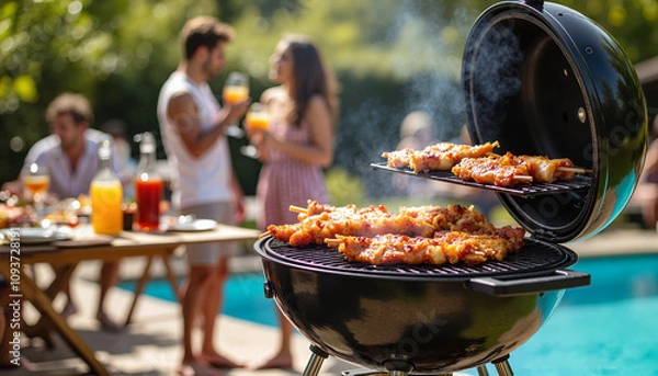Fototapeta Grilled skewers on barbecue at summer pool party, BBQ party