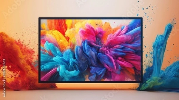 Fototapeta Flat Screen with Vibrant Color Burst and 'World Television Day' in Swirling, Playful Lettering